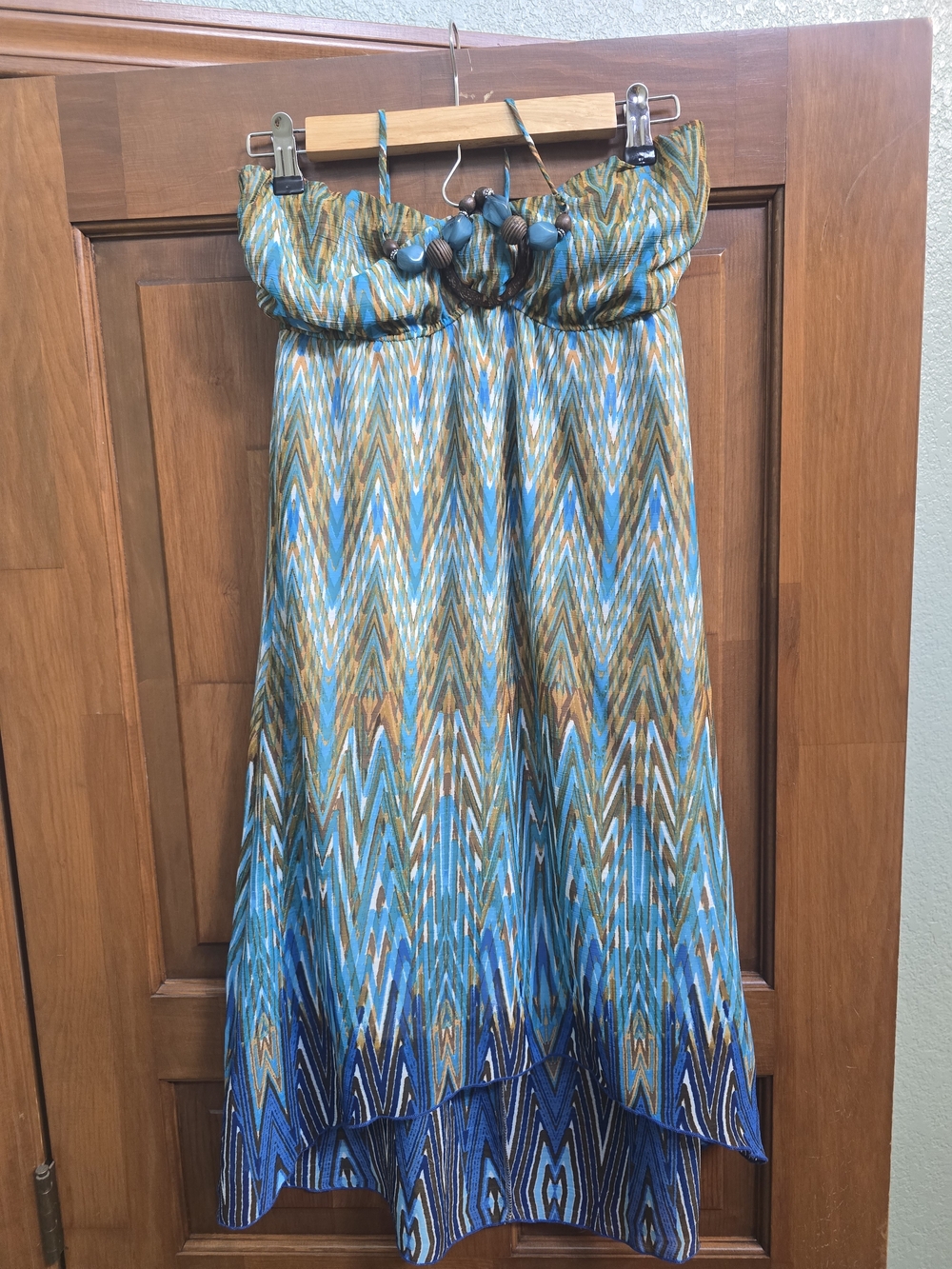 Blue and Tan Chevron Strapless Maxi Dress